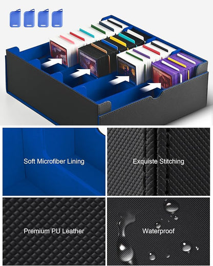 ZLCA Card Storage Box for MTG PTCG, Commander Deck Box Holds 3200+ Cards, Trading Card Storage Case with 4 Stoppers, Card Organizer for TCG Sport Cards(Black&Blue)