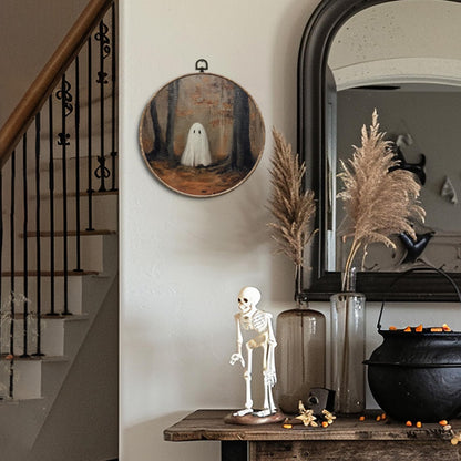 Yorhifa Halloween Ghost Framed Wall Art, Spooky Ghost Aesthetic Round Wall Art, Rustic Fall Forest Round Walls Decor, Farmhouse Gothic Circle Canvas Artwork Hanging Decor, 10x10in