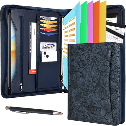Leathario Portfolio Binder, Includes 5 Folder Index Dividers and 3 Notepads, 3-Ring Folder Organizer, Padfolio with Zipper, Vegan Leather Tablet Sleeve, Business Office Conference Clipboards