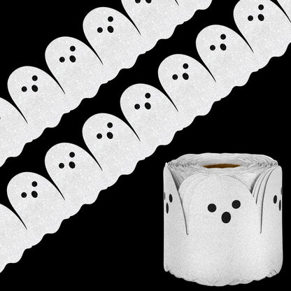 Whaline 65.6Ft Halloween Bulletin Board Border Glitter White Ghost Die Cut Trim Border Roll for Spooky Chalkboard Wall Decor