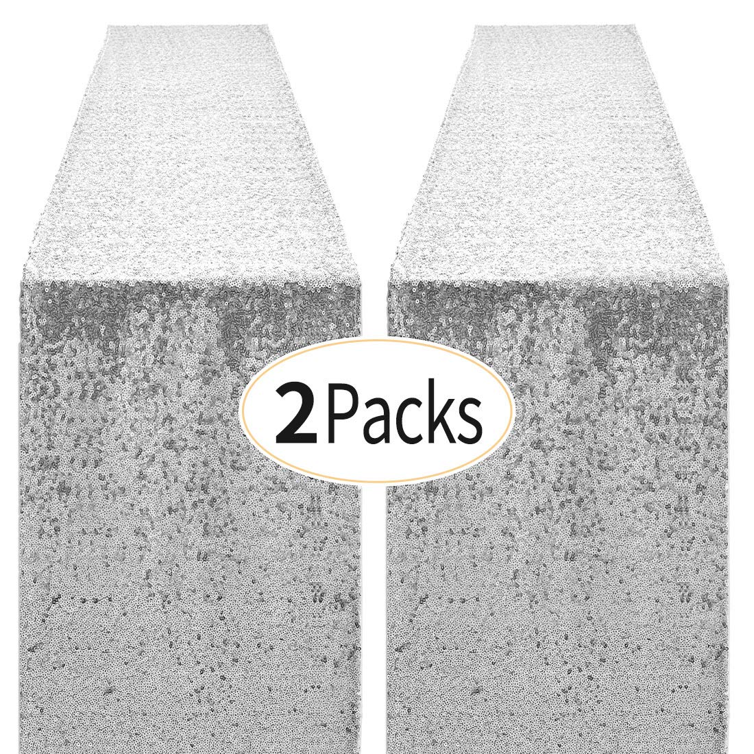 2 Packs 12 x 72 inches Silver Sequin Table Runner, Glitter Runner for Birthday Party Supplies Decorations Wedding Bachelorette Holiday Celebration Bridal Shower Baby Shower