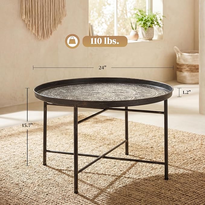 HOMCOM 24" Round Coffee Table with Hammered Tray Top, Vintage Metal Center Table for Living Room, Bedroom, Side Table, Pewter