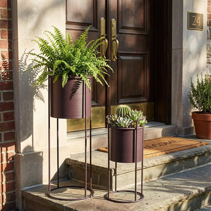 TRIROCKS Set of 2 Planters with Stand Large Metal Planter for Indoor Plants 28 &18" H Plant Pots for Living Room Corner Kitchen Office Garden Balcony Patio Decor(Brown)