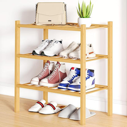 Smiry Small Bamboo Shoe Rack, 3 Tier Free Standing Wooden Shoe Organizer, Stackable Wood Shoe Storage Shelf for Closet, Entryway, 12 Vertical Slats, 2+1 Stack Standard Legs, 17.3"x11"x19.5", Natural
