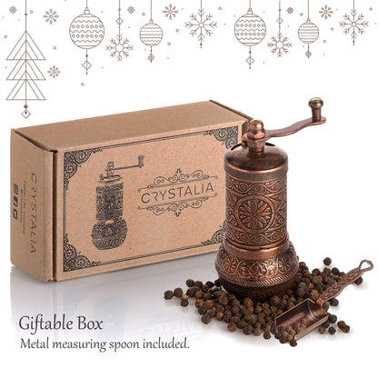 Decorative Black Pepper Grinder, Refillable Turkish Spice Mill with Adjustable Coarseness, Manual Pepper Mill with Handle, Spice Grinder Metal with Hand Crank, Copper