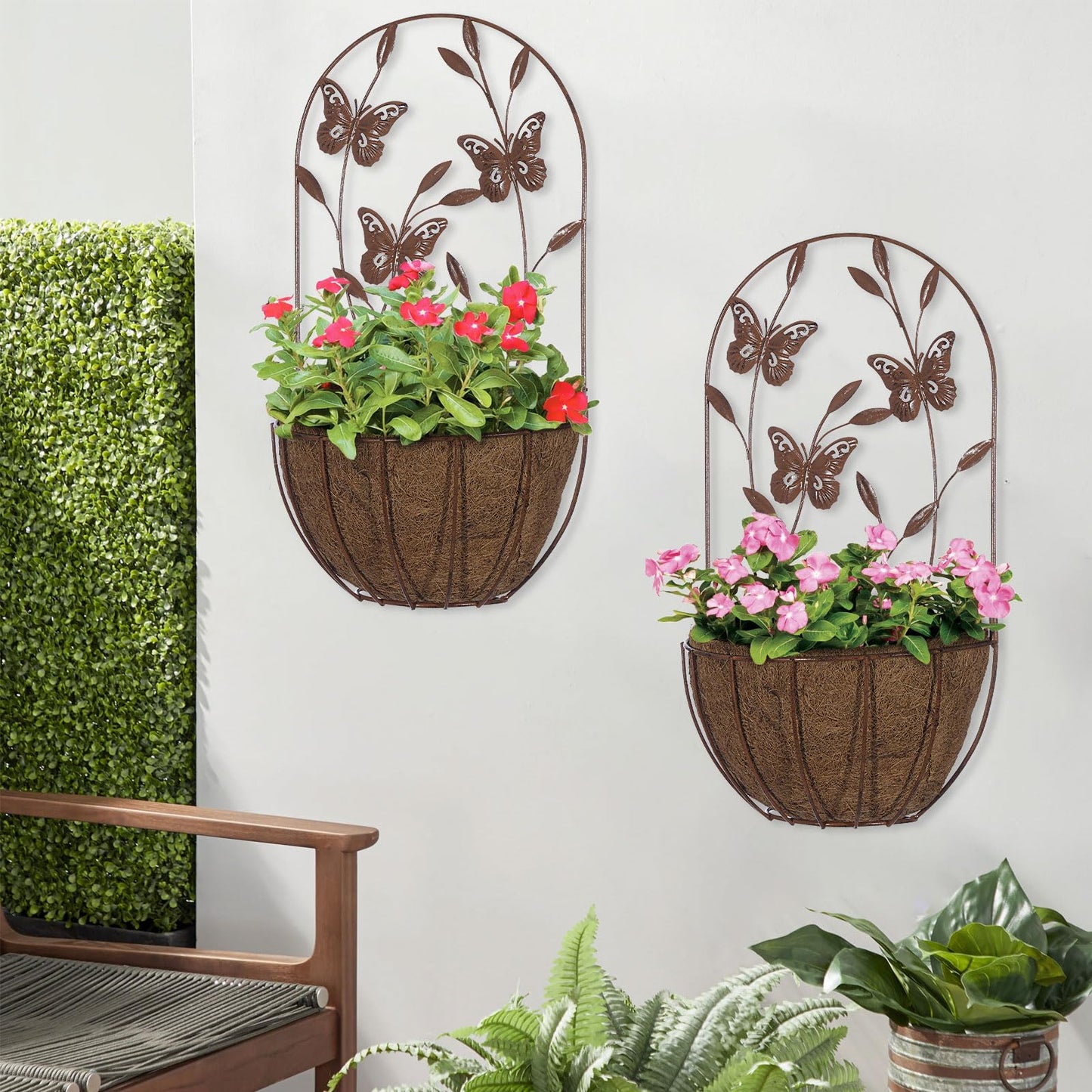 BAYN 2PKs Wall Hanging Planter Decor Art with Flower, Metal Wall Mounted Planters Indoor Outdoor Wall Planter for Succulent Herb Home Garden Yard