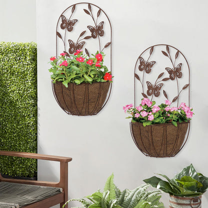 BAYN 2PKs Wall Hanging Planter Decor Art with Flower, Metal Wall Mounted Planters Indoor Outdoor Wall Planter for Succulent Herb Home Garden Yard
