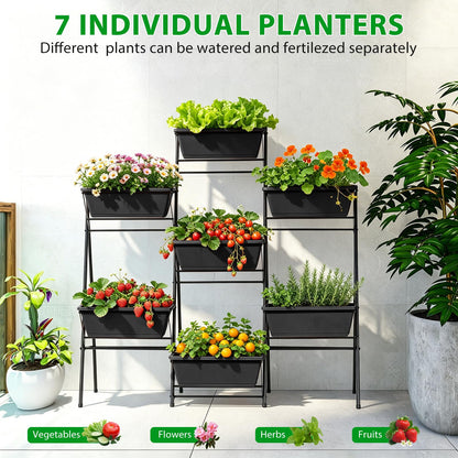 YAHKBTEN Raised Garden Bed Tiered Vertical Garden Planters Outdoor 7 Planter Boxes with Legs Indoor Elevated Herbs Flowers Vegetables Garden Box for Backyard Patio Balcony, Black