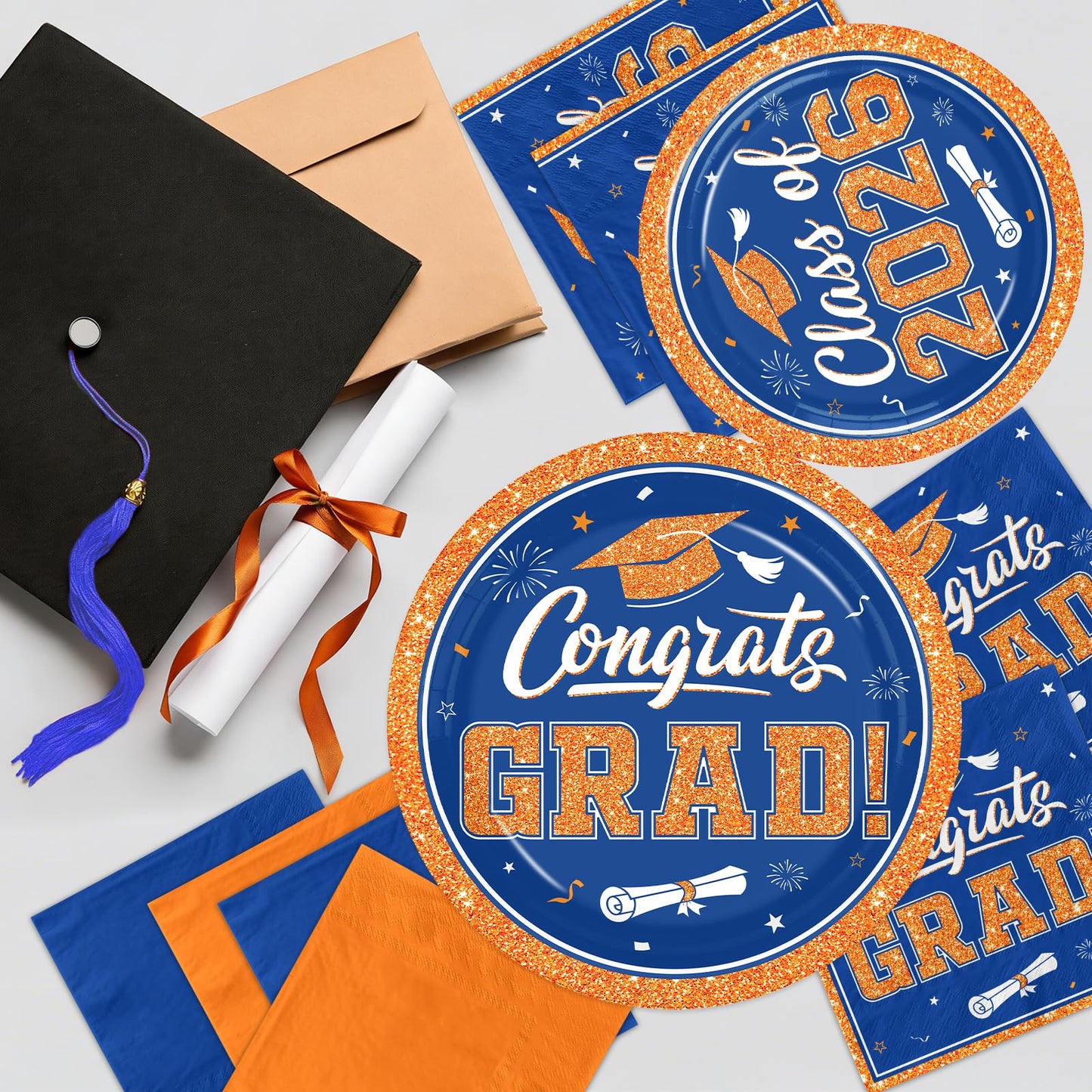 Gexlaju Graduation Plates and Napkins 2026,200pcs Orange and Blue Graduation Decorations 2026 Disposable Congrats Grad Paper Plates for Class Of 2026 Party Supplies,Serve 50