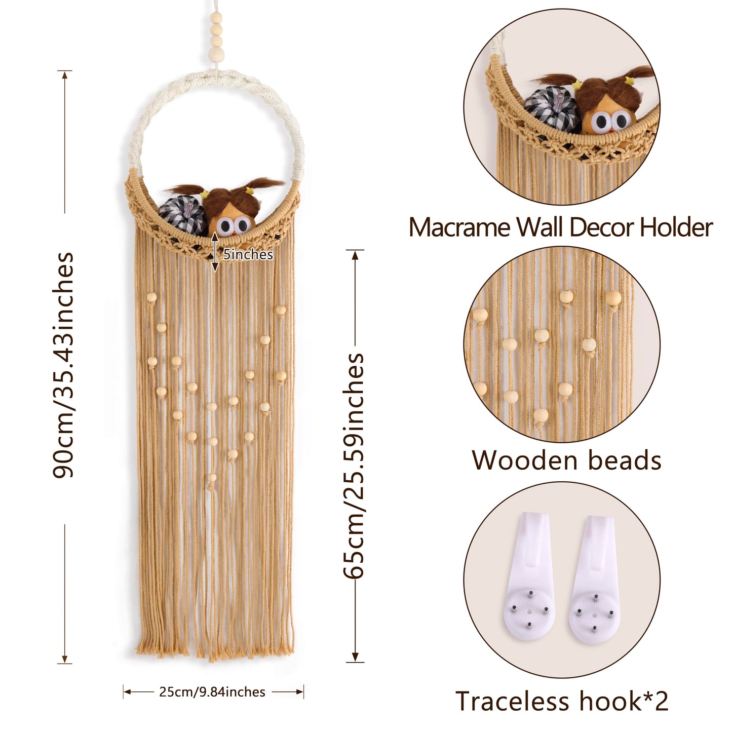 LB Brown Macrame Wall Hanging Holder, Bohemian Macrame Wall Art for Bedroom,Boho Handmade Woven Hanging Plant Shelf Toy Displays Organizer for Living Room Nursery Office 9.84" W x 35.43" L