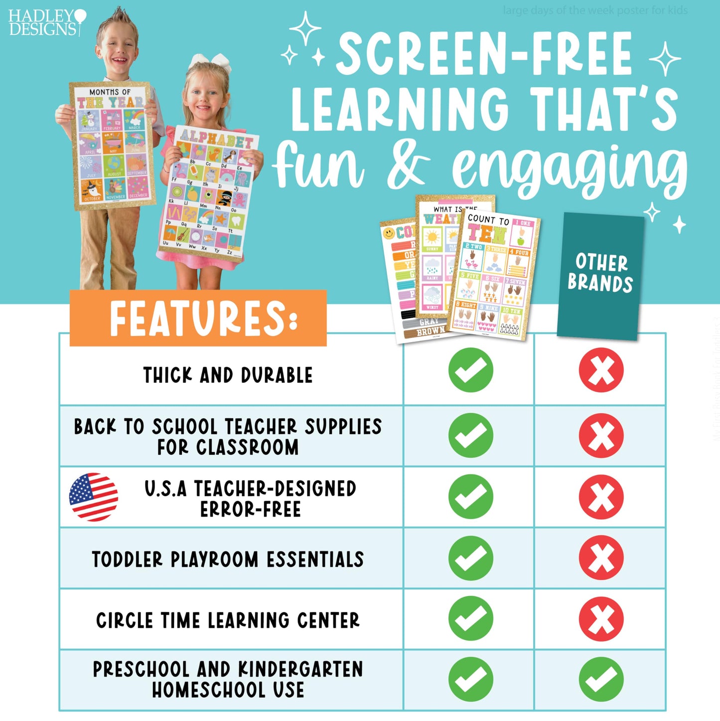 Hadley Designs 16 Educational Posters for Classroom Must Haves - Laminated Pre-K Posters for Toddler Homeschool Essentials, Toddler & Preschool Learning Activities, Kindergarten Classroom Decor