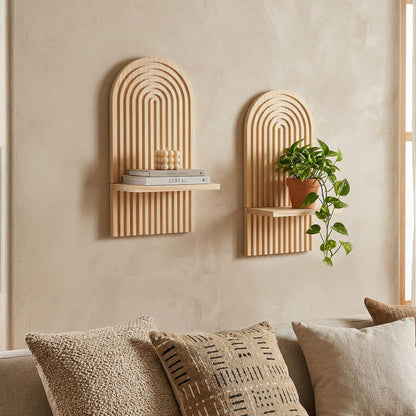 Boho Wall Decor Floating Shelves Set of 2 - Natural Wood Arched Wall Shelf for Modern Minimalist Decor, Rustic Hanging Shelves for Living Room, Bedroom, Bathroom