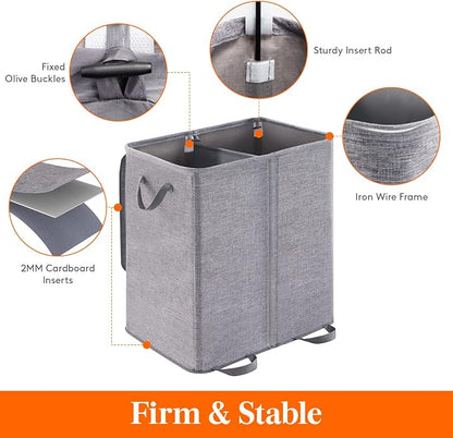 Lifewit Double Laundry Hamper with Lid and Removable Laundry Bags, Large Collapsible 2 Dividers Dirty Clothes Basket with Handles for Bedroom Laundry Room Closet Bathroom College, 155L Grey