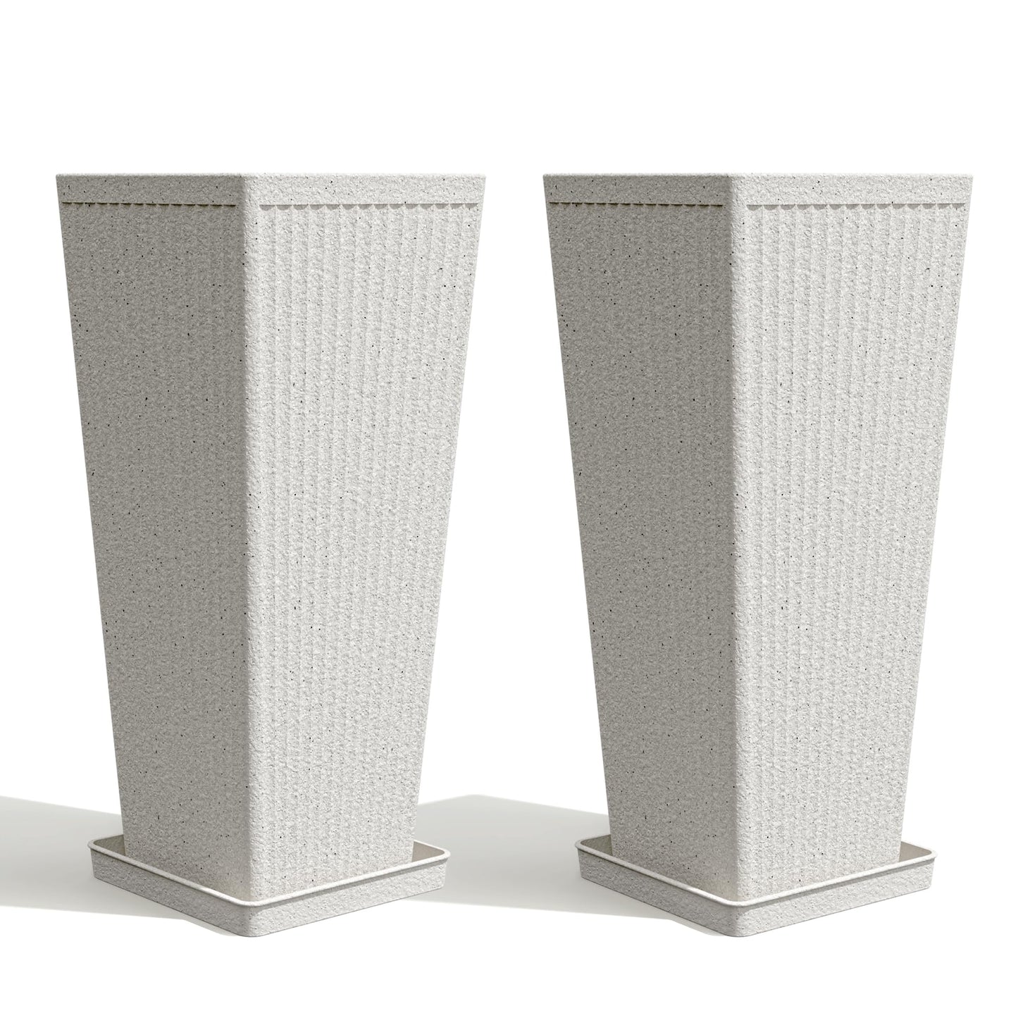 Diyfire Tapered Tall Planters for Outdoor Plants 2 Pack- 23.6 Inch Heavy-Duty Classic Square Indoor Flower Pots with Drainage Holes/Partition/Tray, Large Outdoor Planters for Porch Patio, White