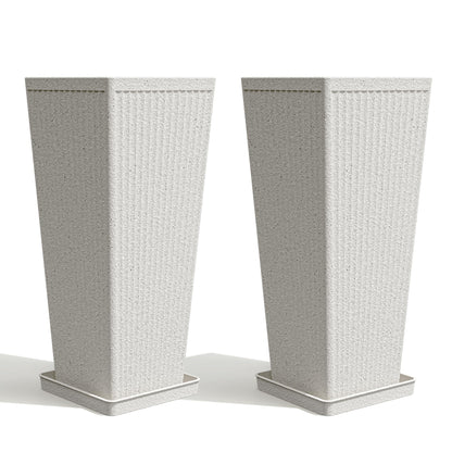 Diyfire Tapered Tall Planters for Outdoor Plants 2 Pack- 23.6 Inch Heavy-Duty Classic Square Indoor Flower Pots with Drainage Holes/Partition/Tray, Large Outdoor Planters for Porch Patio, White