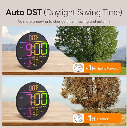 JALL 10" Large Digital Wall Clock with Seconds, Alarm Countdown Timer, Big LED Display, RGB Color, DST, Temperature, Mounted for Bedroom Living Room Office Classroom Gym, Xmas Birthday Gift, Green