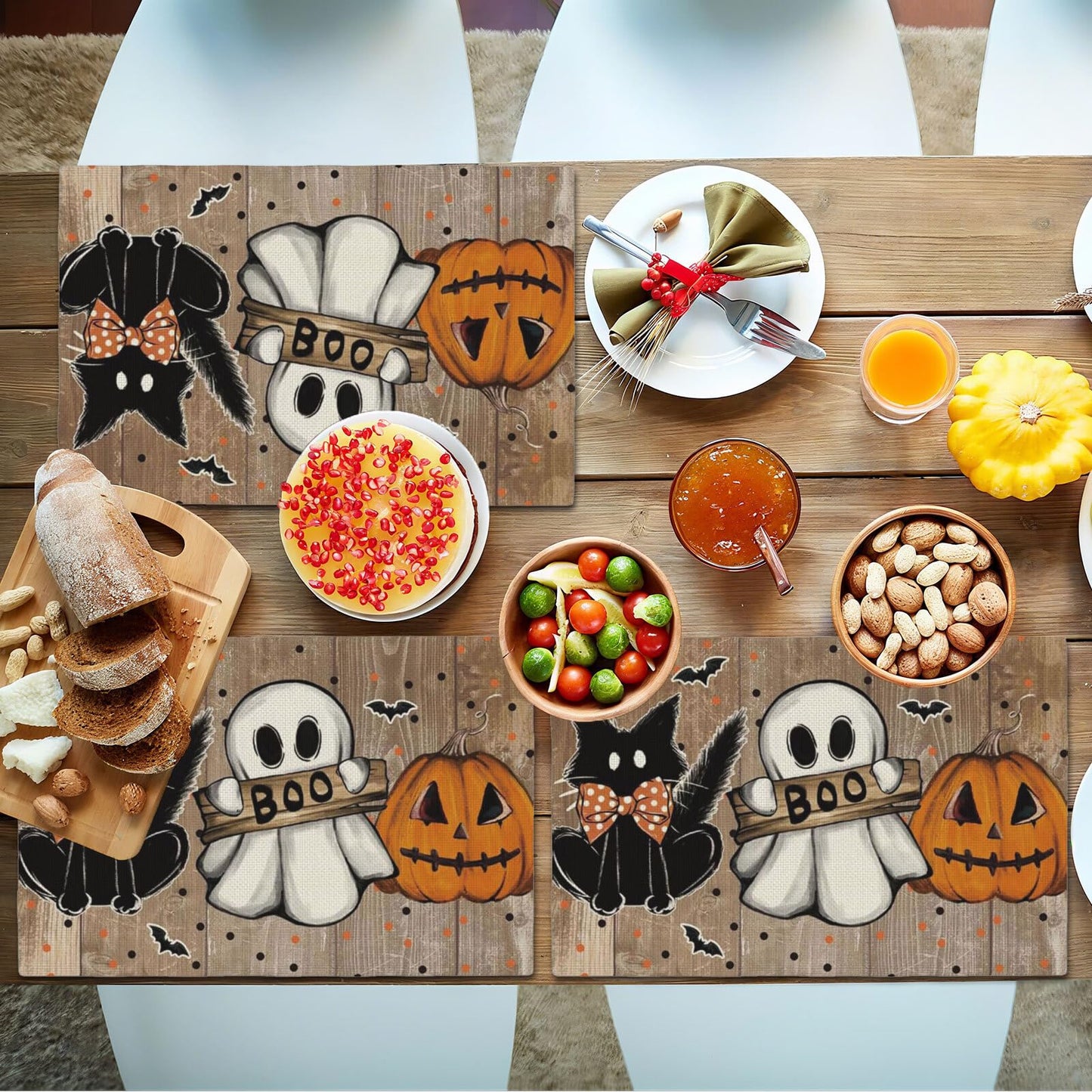 Trick Or Treat Pumpkin Halloween Garden Placemat Set of 4,12x18 Inch Bat Boo Cat Polka Dot Fall Garden Linen Washable Fabric Table Mats for Halloween Decoration Kitchen Dining Table Place Mats