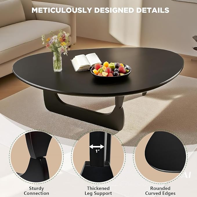 Solid Wood Triangle Coffee Table,Unique Mid Century Modern Oval Coffee Table,Irregular Geometric Tea Tables for Home Living Room with Wooden Tabletop and Reinforced Legs Black 50" L x 31" W x 16" H