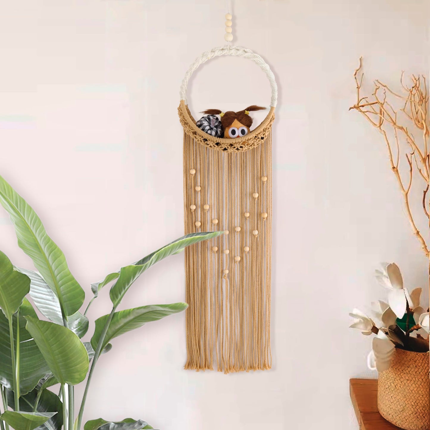 LB Brown Macrame Wall Hanging Holder, Bohemian Macrame Wall Art for Bedroom,Boho Handmade Woven Hanging Plant Shelf Toy Displays Organizer for Living Room Nursery Office 9.84" W x 35.43" L