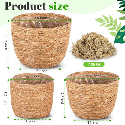 Knitgrip 3 Pack Seagrass Plant Basket Indoor with Artificial Moss 3 Sizes Woven Baskets Flower Pots Planters for Home Decor