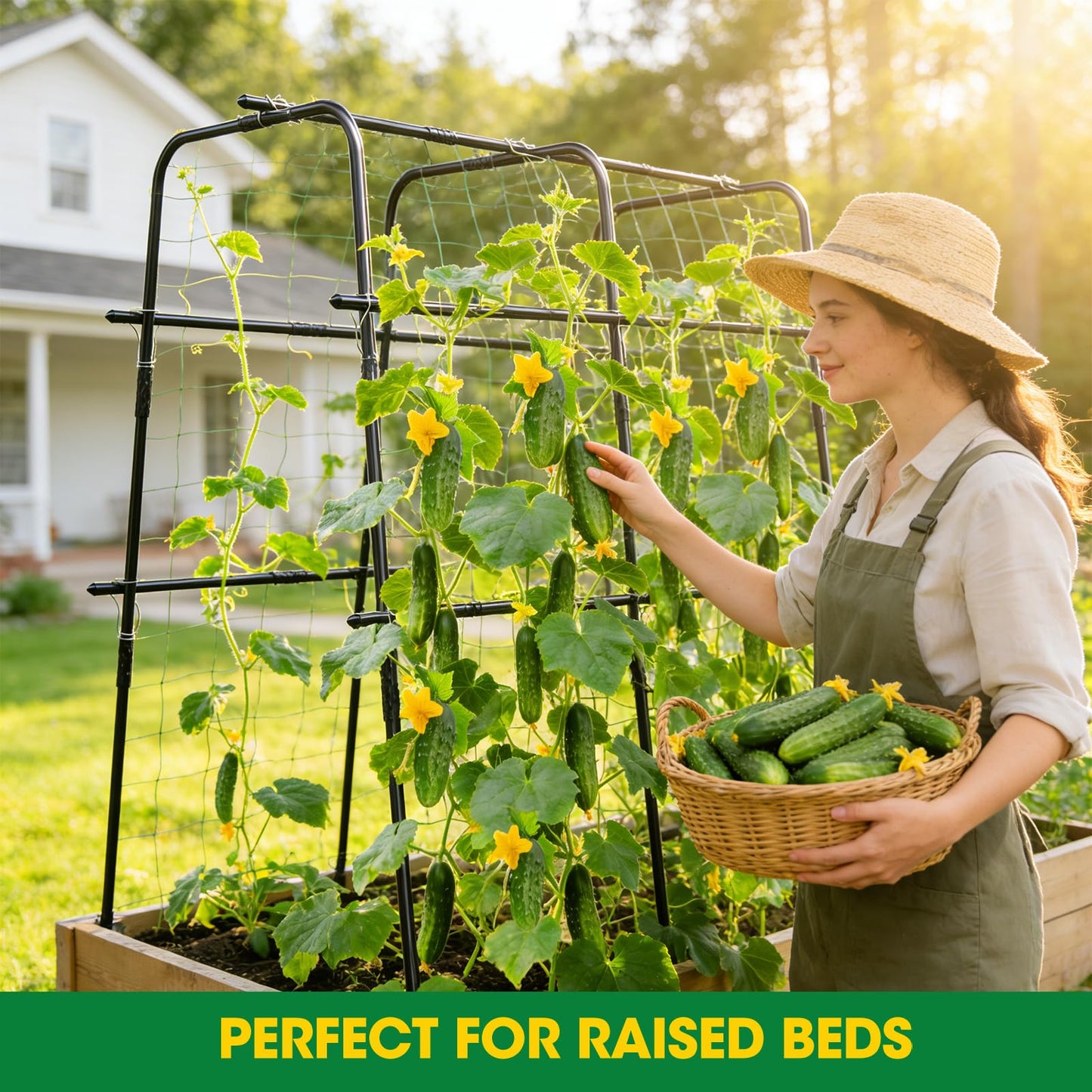 Cucumber Trellis for Raised Bed and Garden, 47" H x 47" W U-Shaped Metal Garden Trellis for Climbing Plants with Nylon Netting, Vegetable Support Frame