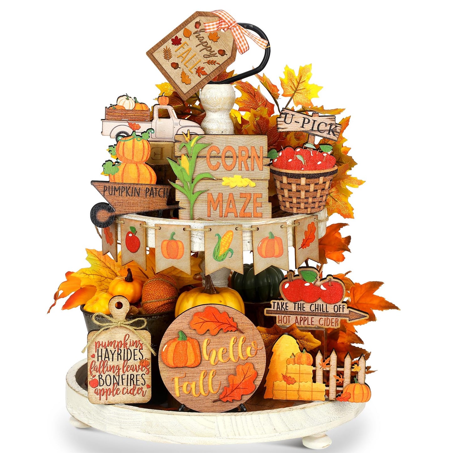BBTO Set of 15 Fall Tiered Tray Decor Pumpkins Farmhouse Decor Autumn Maple Leaf Thanksgiving Table Centerpieces Harvest Wood Blocks Signs for Home(Harvest Style)