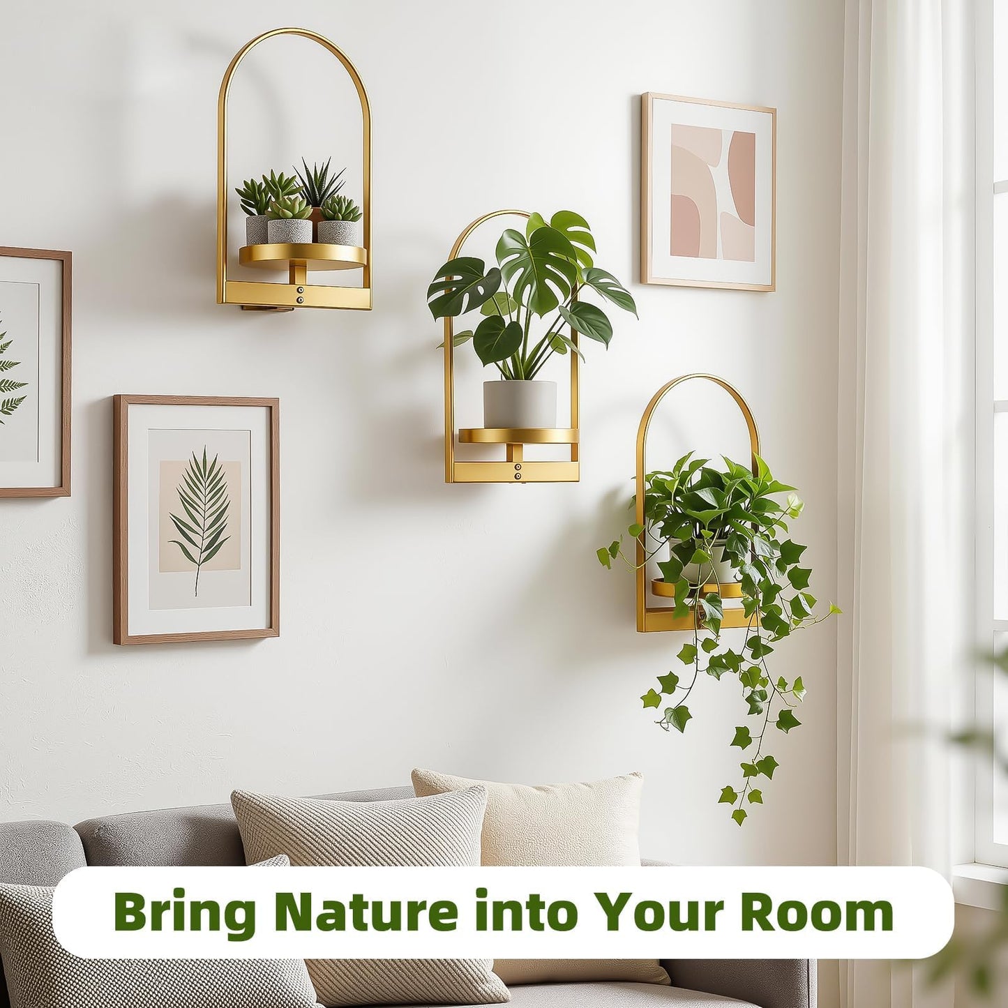 3 Pack Gold Wall Plant Holder for Indoor Plants, Metal Wall Mounted Plant Shelf for Small Pots, Decorative Hanging Wall Planter Display, Modern Wall Decor for Living Room, Bedroom, Entryway, Office