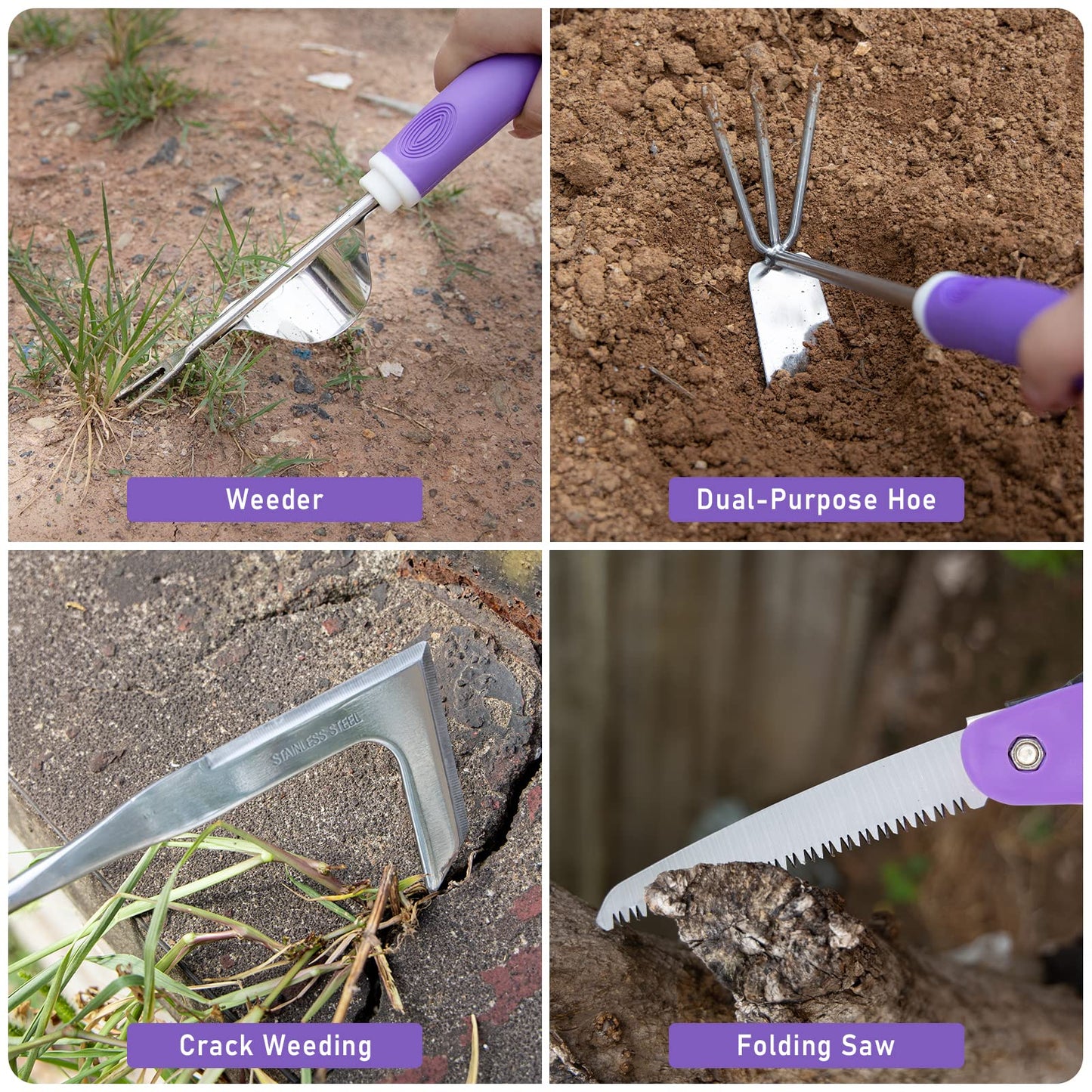 HLWDFLZ Purple Garden Tool Set Gardening Items for Women - 11PCS Heavy Duty Garden Tools with Detachable Storage Bag, Weeder, Dual-Purpose Hoe