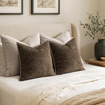 MIULEE Pack of 2 Euro Sham Pillow Covers 24x24 Inch Brown Farmhouse Decorative Throw Pillow Covers with Stitched Edge Soft Chenille Solid Dyed Pillow Covers for Bed Sofa Couch Living Room