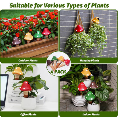 SUNGARDERY Terracotta Self Watering Spikes, 4 Pack Mushroom Self Watering Planter Insert, Vacation Plant Slow Release Watering Devices for Indoor Outdoor Plants, Colorful Large Water Globes