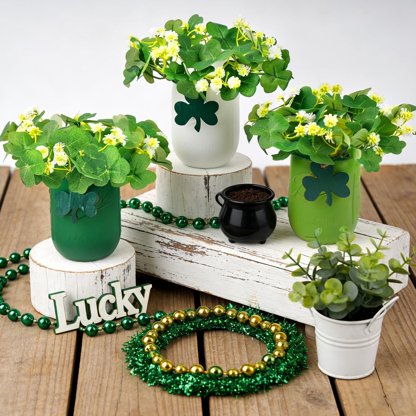 St. Patrick’s Day Mason Jar Decor Set of 3 – Green Farmhouse Table Centerpiece with Shamrock Wreath & Wooden Clover Accents, Irish Spring Home Decorations