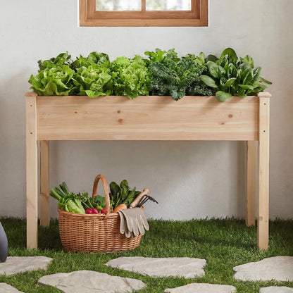 DUMOS Raised Garden Bed with Legs, 34x18x30 Inch Planter Box Outdoor with Liner for Herbs Flowers Vegetables, Elevated Wooden Garden Bed for Patio, Balcony and Backyard, Natural Wood