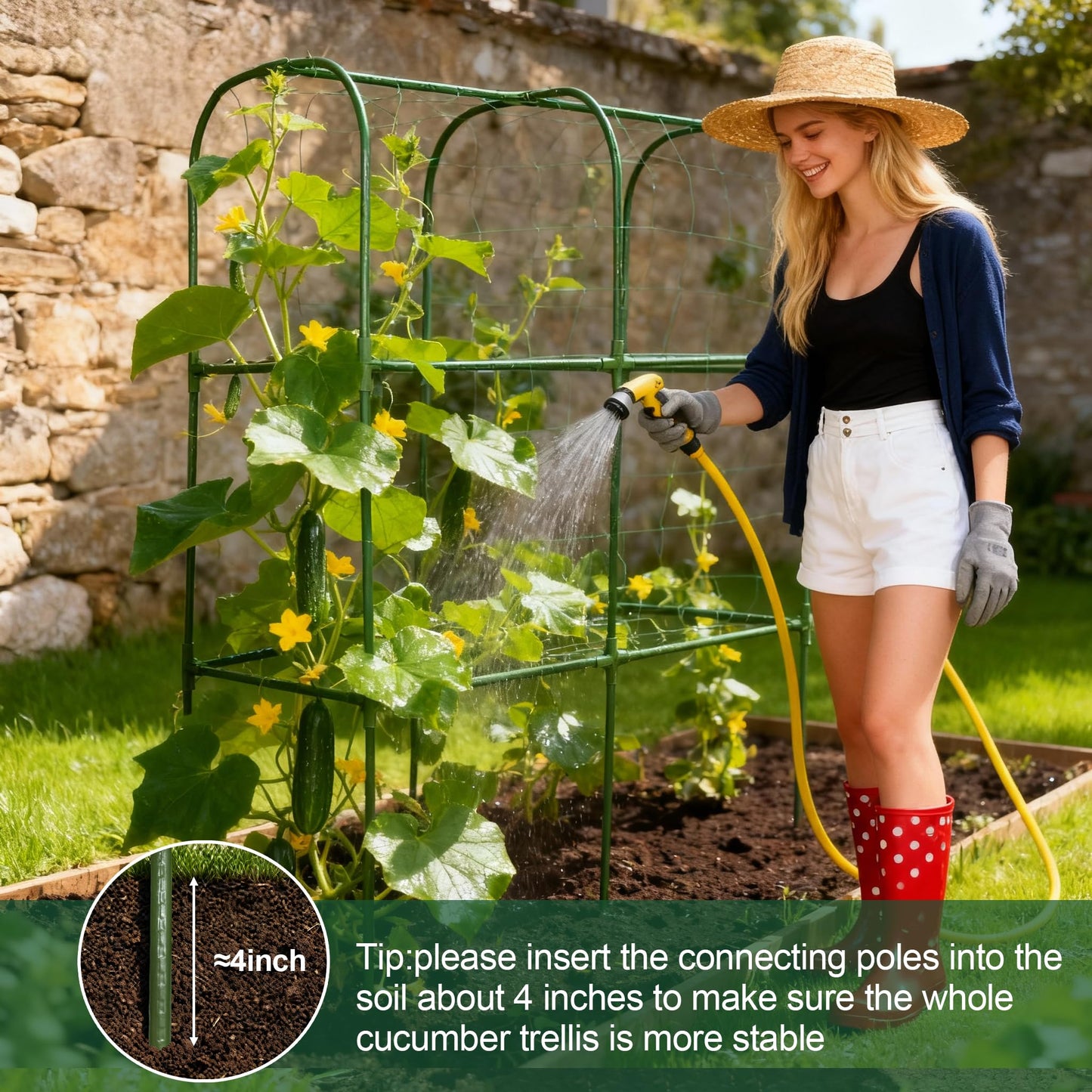 Garden Cucumber Trellis for Climbing Plants, Outdoor Metal Garden Arch Trellis, Plant Support for Vegetables Tomato Trellis Raised Garden Bed (Green, 31.5" Lx21.6 Wx47.2 H-S)