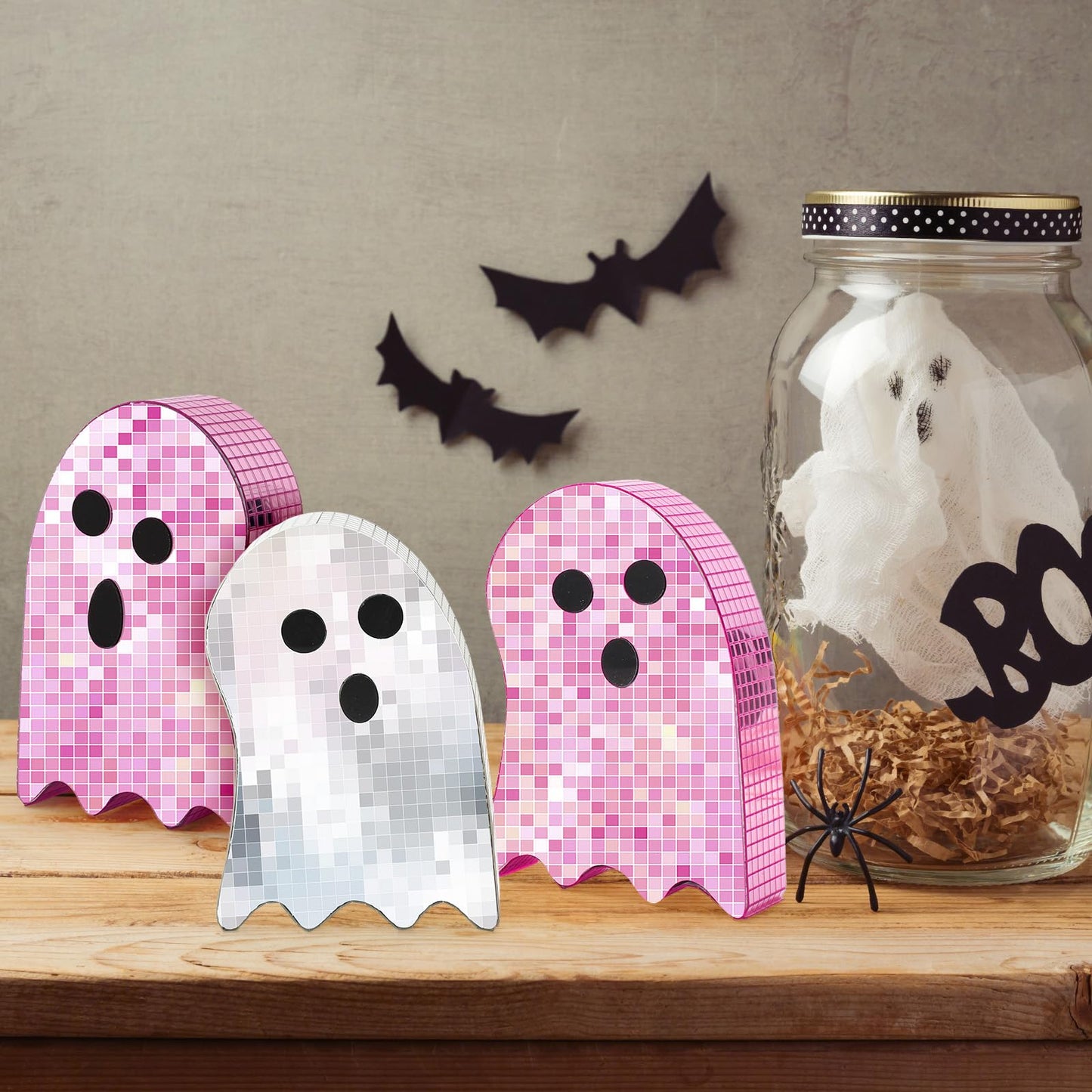 FYSUIMU 3Pcs Halloween Disco Ghost Decor 6 Inch Pink Silver Ghost Disco Ball Table Centerpieces Mosaic Horror Tiered Tray Decoration for Home Party Favors Supplies