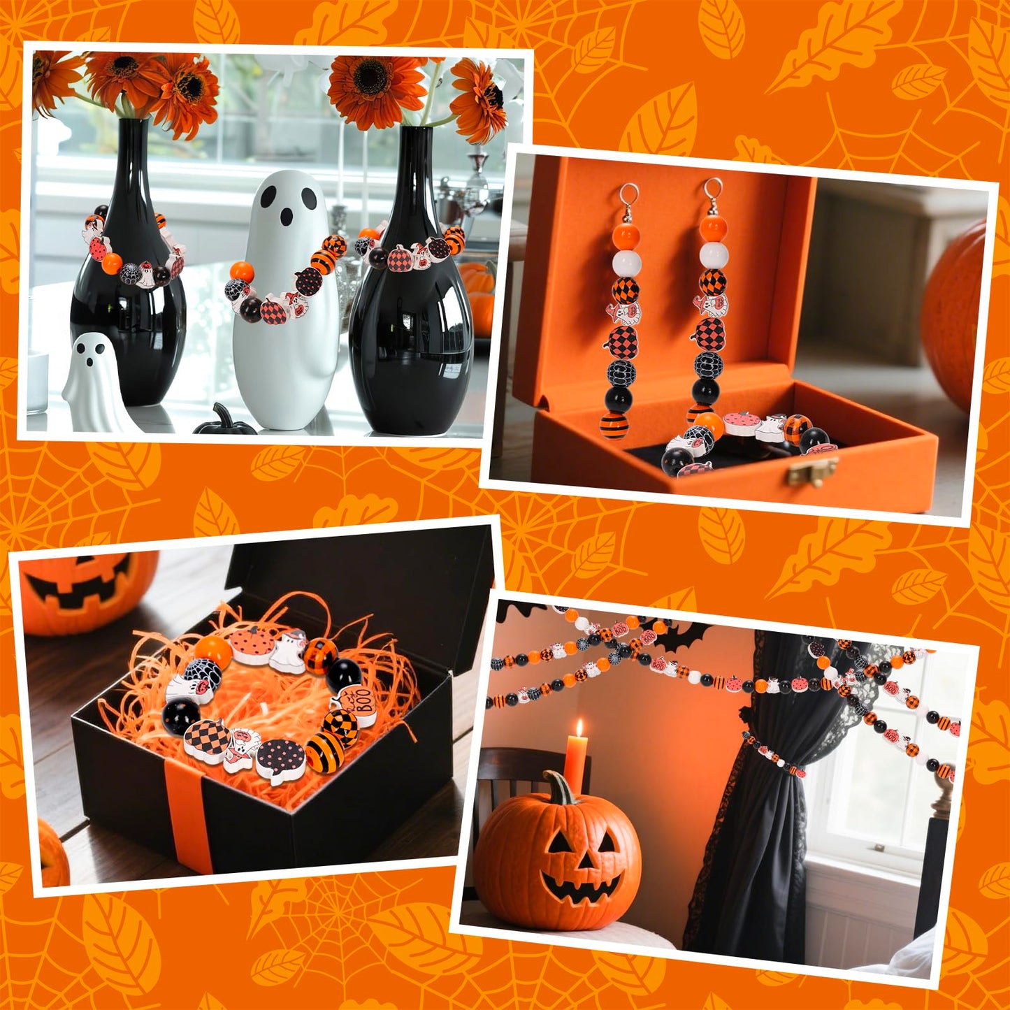 Whaline 210Pcs Halloween Wooden Beads Ghost Pumpkin Spider Web Craft Bead Black Orange Round Loose Beads for DIY Crafts Bracelet Necklace Making Supplies