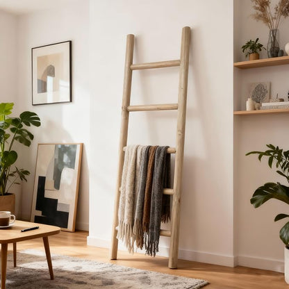 Wooden Blanket Ladder Natural & Motley Wood - Leaning Wall Decor for Bedroom, Bathroom, Living Room - Rustic Quilt Holder & Towel Rack (Natural Wood Color 57in, 57in | Fully Assembled)