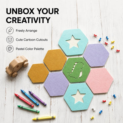 HBK 10 Pack Self Adhesive Felt Bulletin Board Tiles for Wall, 12 Inch Hexagon Pin Board Set with Cute Shapes and Push Pins, Photo Memo Board for Kids Room, Nursery, Classroom, Home Office Decor