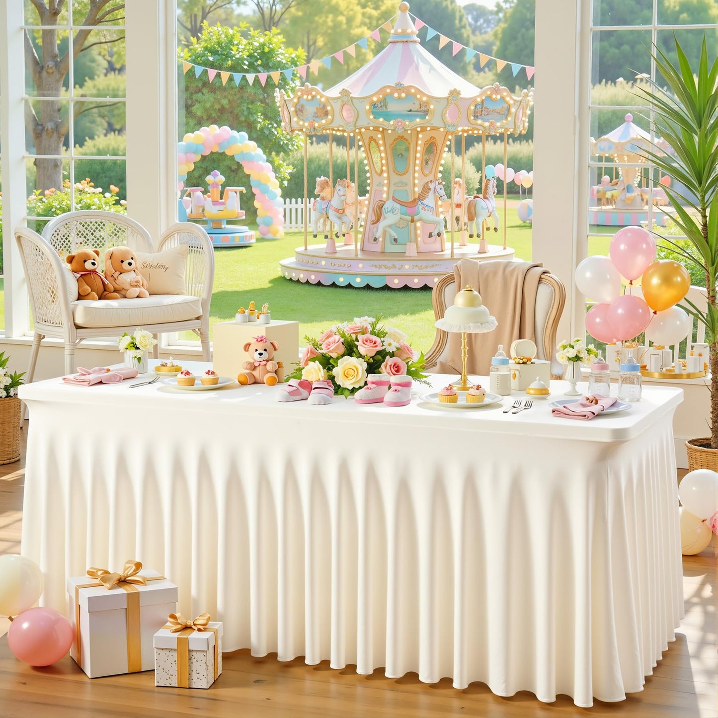2 Pack Ivory Spandex Tablecloths for Rectangle Tables 6 Foot Ivory Stretch Table Cloth Rectangle 6ft Elastic Fitted Table Cover with Skirt for Wedding Birthday Party Banquet Baby Shower Buffet Event