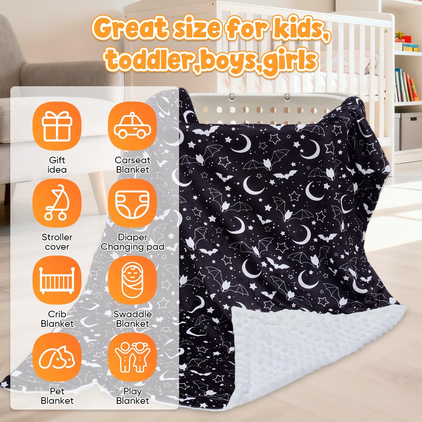 Baby Blanket for Boys Girls Super Soft Double Layer Minky with Dotted Backing Cute Cow Crib Receiving Blanket Bed Throws for Newborns Nursery Stroller Toddler 30 x 40 Inch (Halloween Bat)