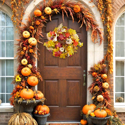 Fall Wreaths for Front Door,Sunflower Autumn Wreath with Lights,Pumpkins and Bows,for Thanksgiving Halloween Farmhouse Indoor Outdoor Outside (Golden Pumpkin)