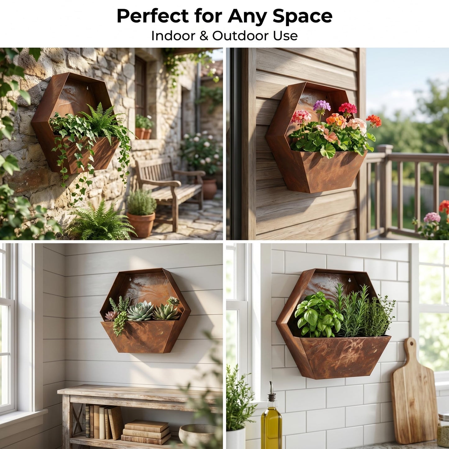 Topadorn Rustic Metal Wall Planter, 12 Inch Hexagon Hanging Planter with Patina Finish, Geometric Wall Mounted Plant Holder for Indoor & Outdoor Vertical Garden Décor, Farmhouse Wall Decor