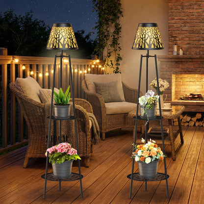 MXwcy 2-Tier Solar Plant Stand with Light, Outdoor Waterproof Floor Lamp with Tree Branch Cutout Lampshade, Tall Metal Planter Holder Display Rack for Patio, Porch, Garden, Balcony Decor (2 Pack)