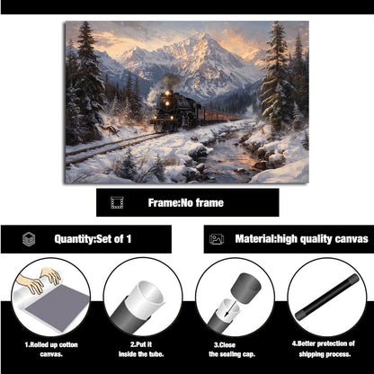XWNLTEPK Winter Train Scenery Canvas Print Poster Wall Art Wall Decoration Winter Atmosphere Poster Suitable for Living Room Bedroom Farmhouse Home Decor Christmas Snow Mountain Pine Tree