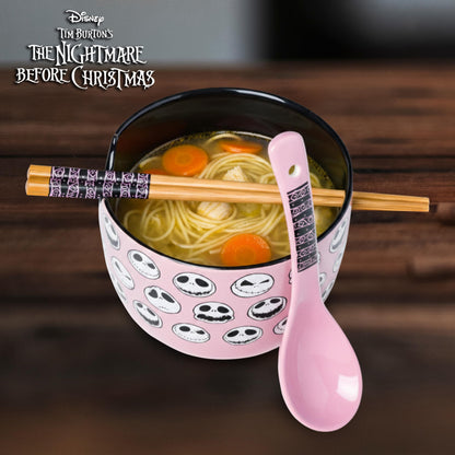 Silver Buffalo Disney Tim Burton's Nightmare Before Christmas Jack Skellington Different Emotions Faces Ceramic Ramen Noodle Rice Bowl with Chopsticks and Spoon, Microwave Safe, 20 Ounces