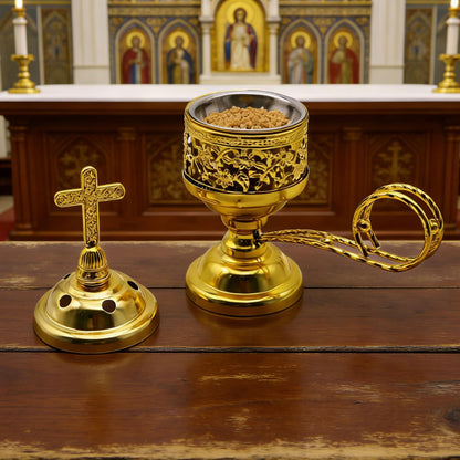 JREEPEE Solid Brass Color Incense Burner with Cross Lid - 6 Inch Charcoal Censer for Catholic Church, Home Altar - Thurible for Frankincense, Resin, Bakhoor