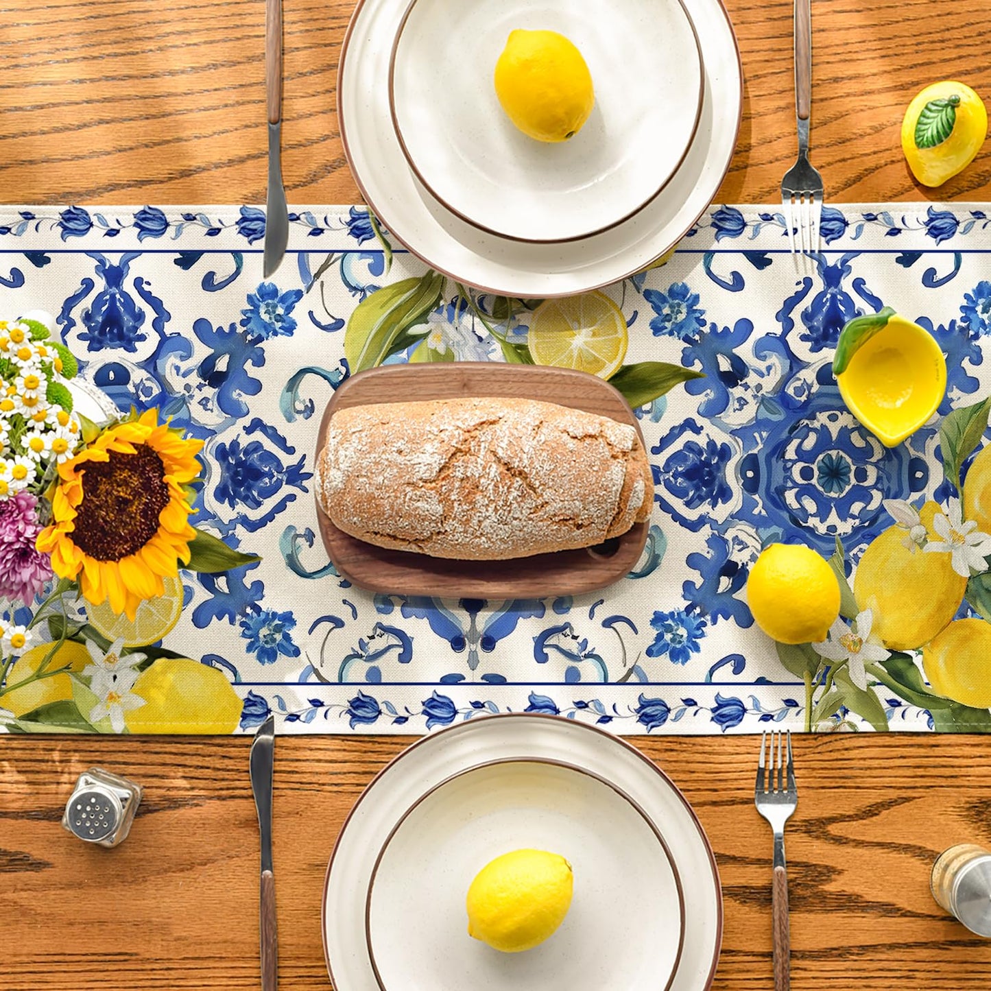 Artoid Mode Lemon Blue and White Porcelain 210 GSM Summer Table Runner, Seasonal Spring Kitchen Dining Table Decoration for Home Party Decor 13x72 Inch