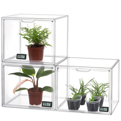 HBlife Mini Greenhouse for Indoor, Clear Stackable Green House with Magnetic Waterproof Door for Small Plants Nursery Germination and Display, Tabletop Portable Greenhouse, 14.1x8.6x10.6 Inch (3 Pack)