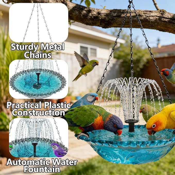 Hanging Solar Bird Bath Fountain with Solars Pump & Bowl & Chains Large Humming Solar Water Fountains with Flowing Water for Outdoor Garden Backyard Patio Lawn(Pink)