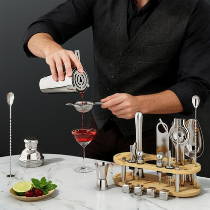 EffiQ-Rate Cocktail Shaker Set, 25-Piece Stainless Steel Bartender Kit with Wood Organizer Stand & Cocktail Recipes, Professional Bar Mixology Tools with All Essential Accessories for Drink Mixing