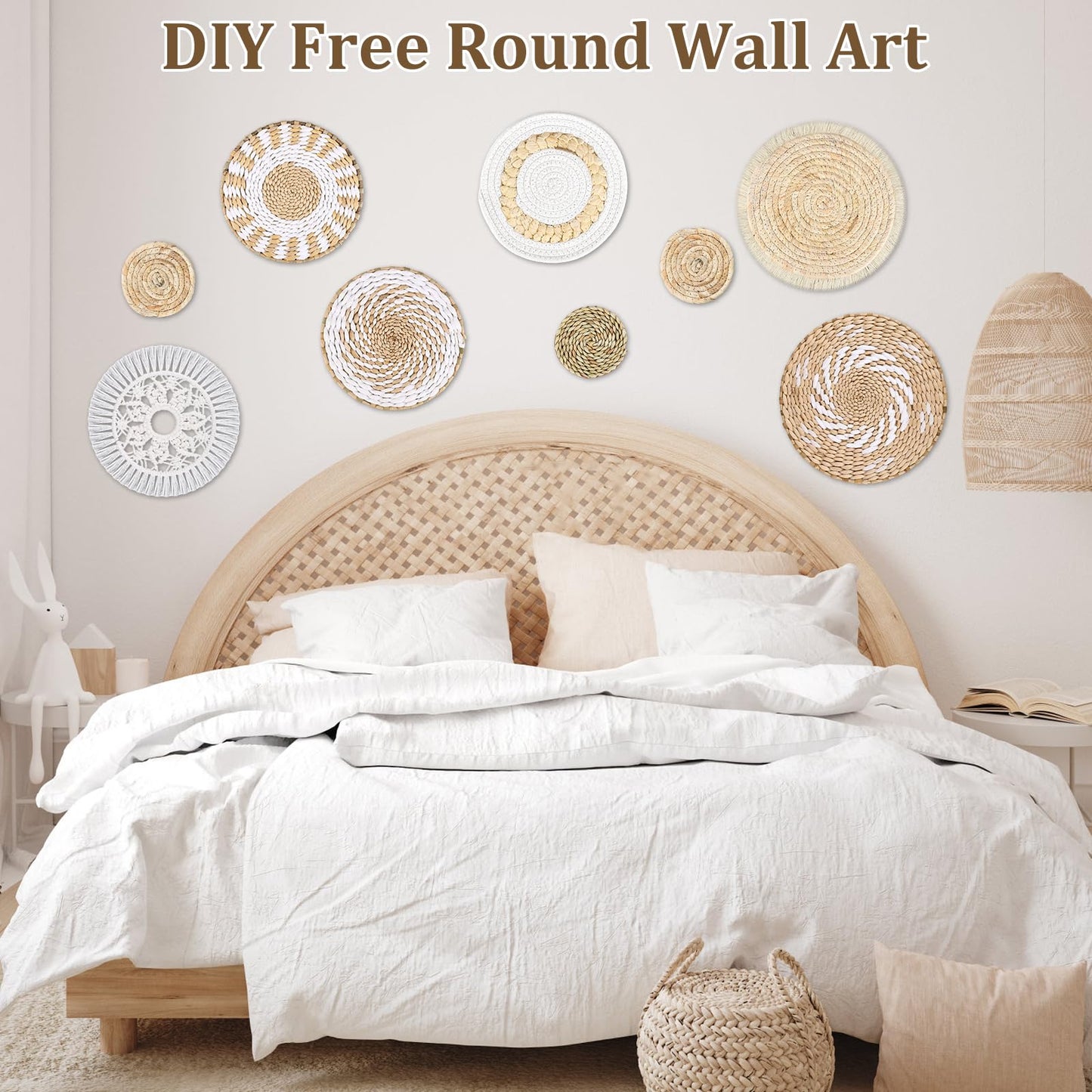 MJOGGOTT 9 Pcs Boho Wall Basket Decor Hanging Woven Wall Basket Art Decor Rattan Wicker Seagrass Home Round Tassels White Macrame Tapestry Baskets Decoration for Kitchen Home Farmhouse Decoration